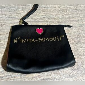 NWOT Betsey Johnson Black "Insta-Famous" Wristlet Pouch with Pink Heart Accent